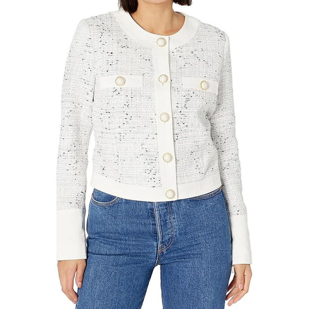NWT GUESS Women's Gloria Lined Tweed Denim MixMedia Jacket, Button up, White, L